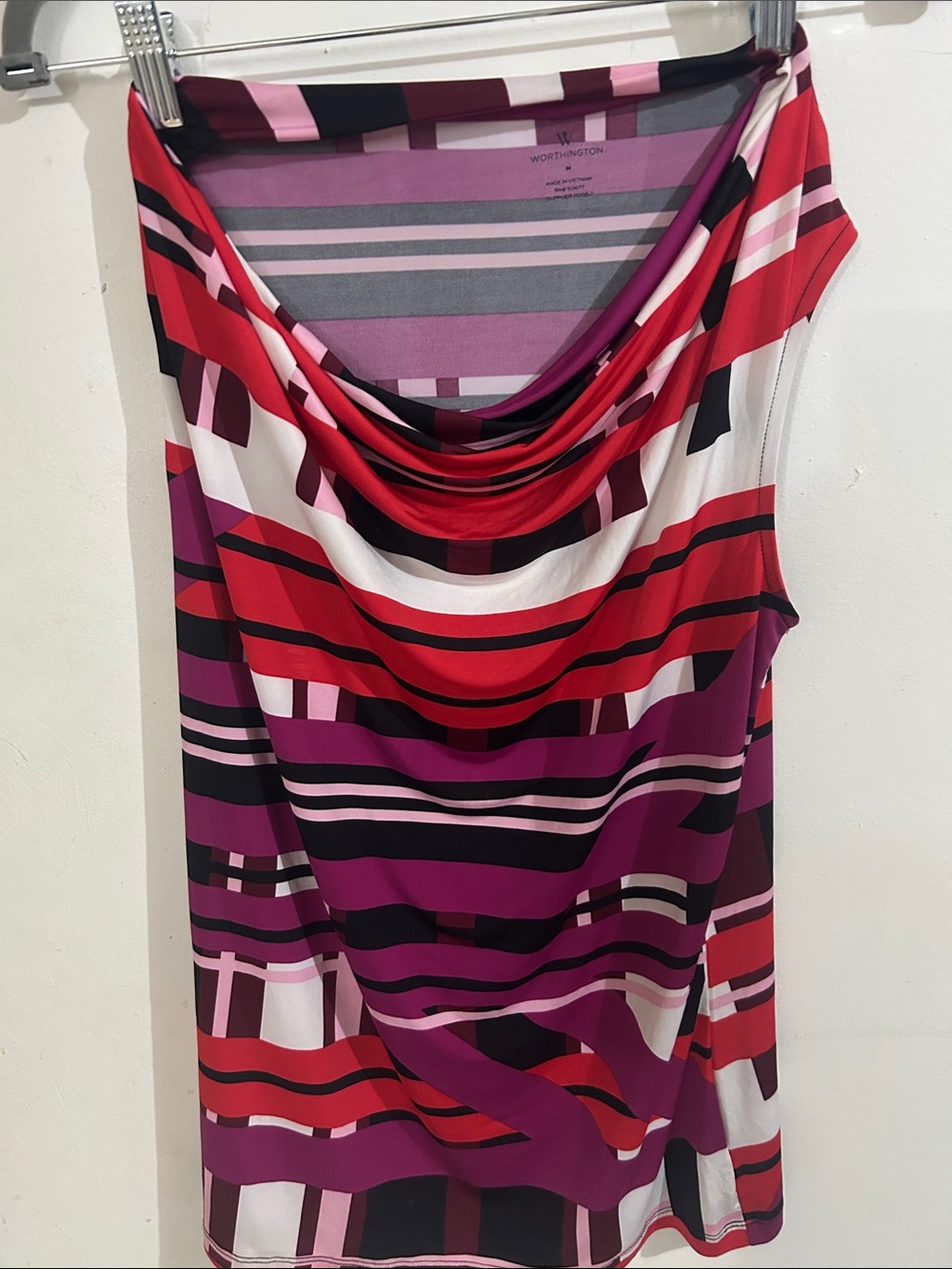 Worthington Striped Cowl Neck Tank - Red, Magenta, Black, White